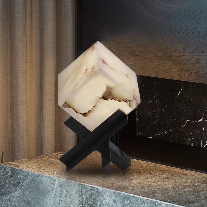 Modern Minimalist Textured Square Stainless Steel Marble 1-Light Table Lamp For Bedroom Cuvalon