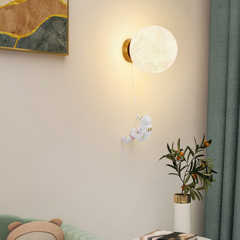 Contemporary Creative 3D Printed Moon Shade Resin Astronaut 1-Light Wall Sconce Lamp For Bedroom Cuvalon