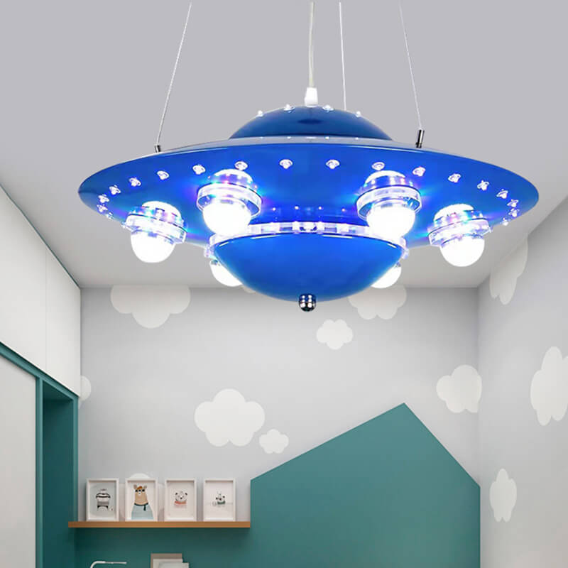 Contemporary Creative Kids Spaceship Iron Glass LED Chandelier For Bedroom Cuvalon