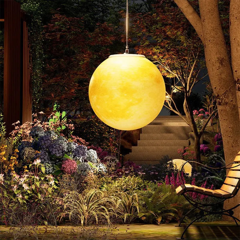 Contemporary Nordic Solar Waterproof PE Resin Round Moon LED Pendant Light For Outdoor Patio Cuvalon