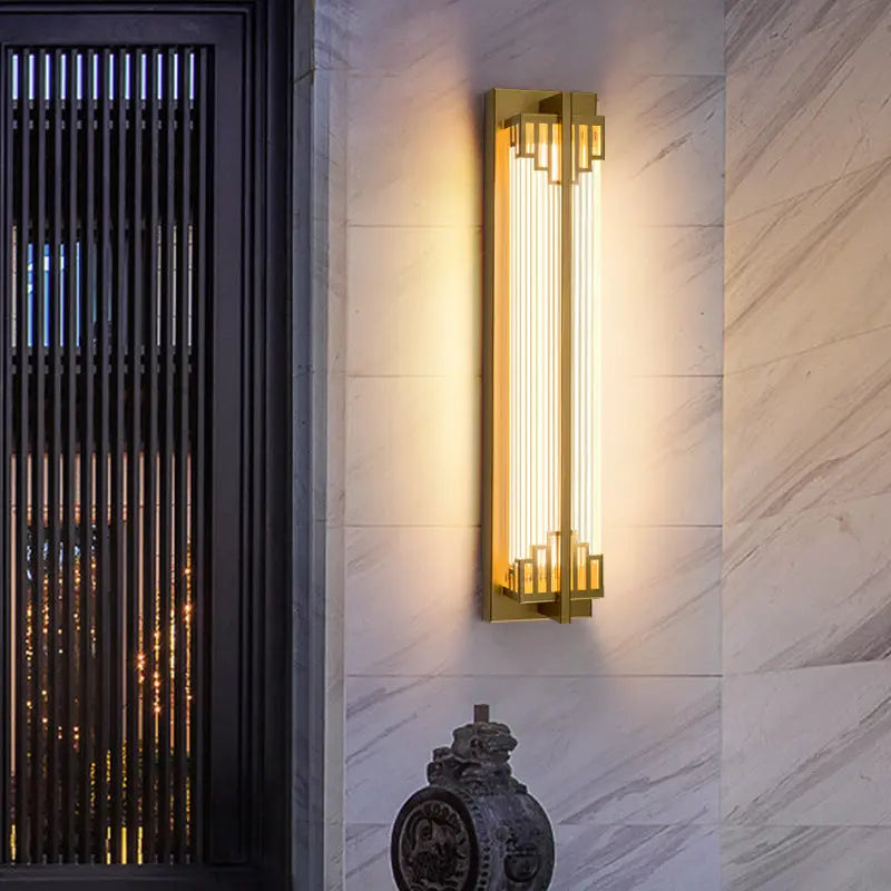 Traditional Chinese Waterproof Rectangular Stainless Steel Glass LED Wall Sconce Lamp For Outdoor Patio Cuvalon