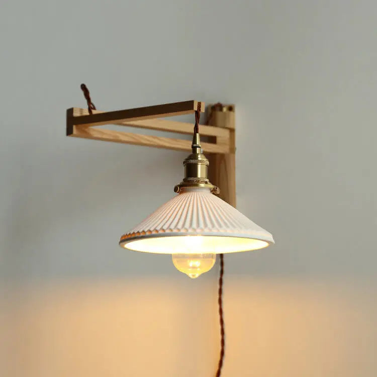 Nordic Milk White Striped Glass Walnut Retractable 1-Light Wall Sconce Lamp Cuvalon