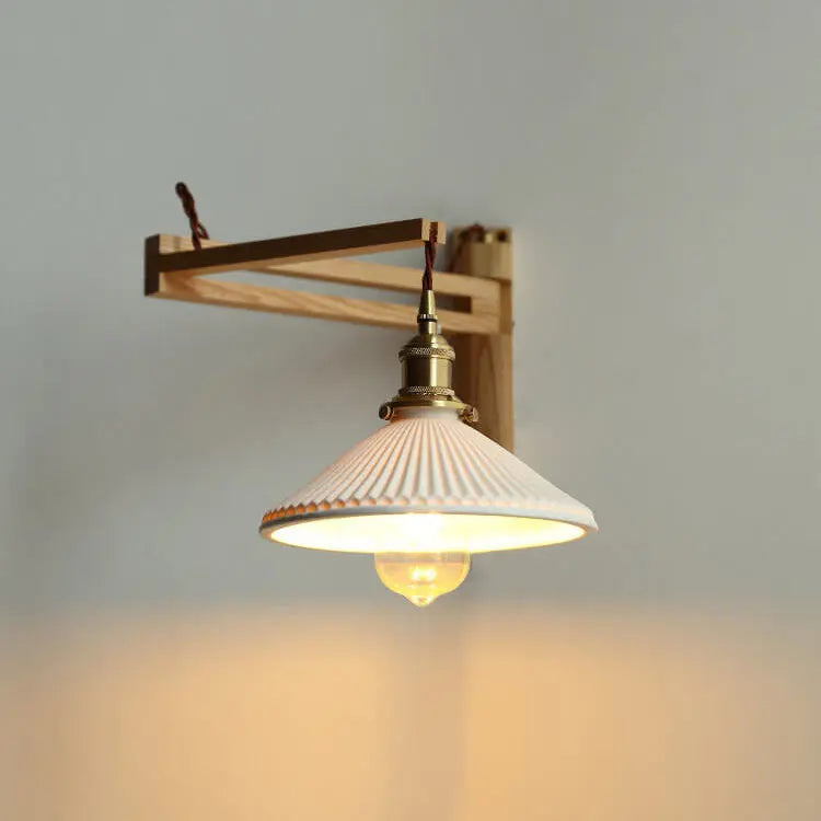 Nordic Milk White Striped Glass Walnut Retractable 1-Light Wall Sconce Lamp Cuvalon