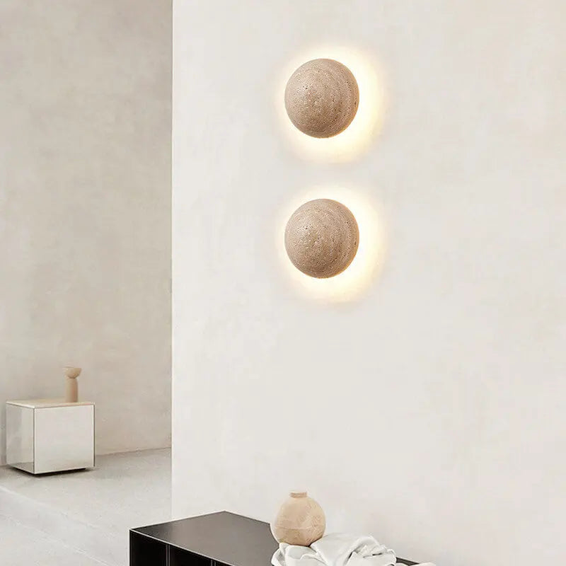 Japanese Minimalist Round Yellow Travertine Wabi-Sabi LED Wall Sconce Lamp Cuvalon