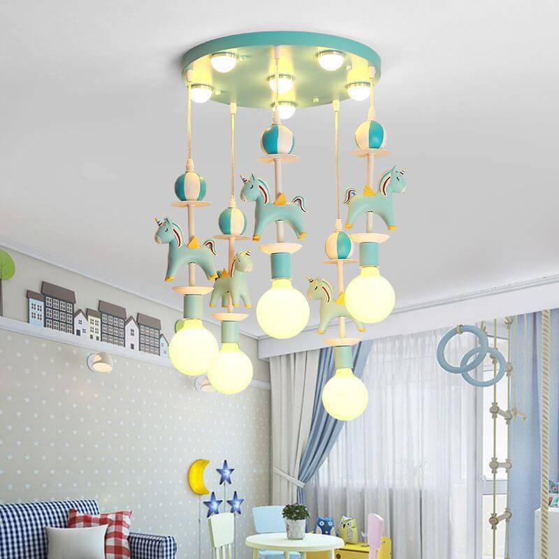 Modern Children's Carousel Eye Protection Resin Iron 1/7/11 Light Flush Mount Ceiling Light Cuvalon