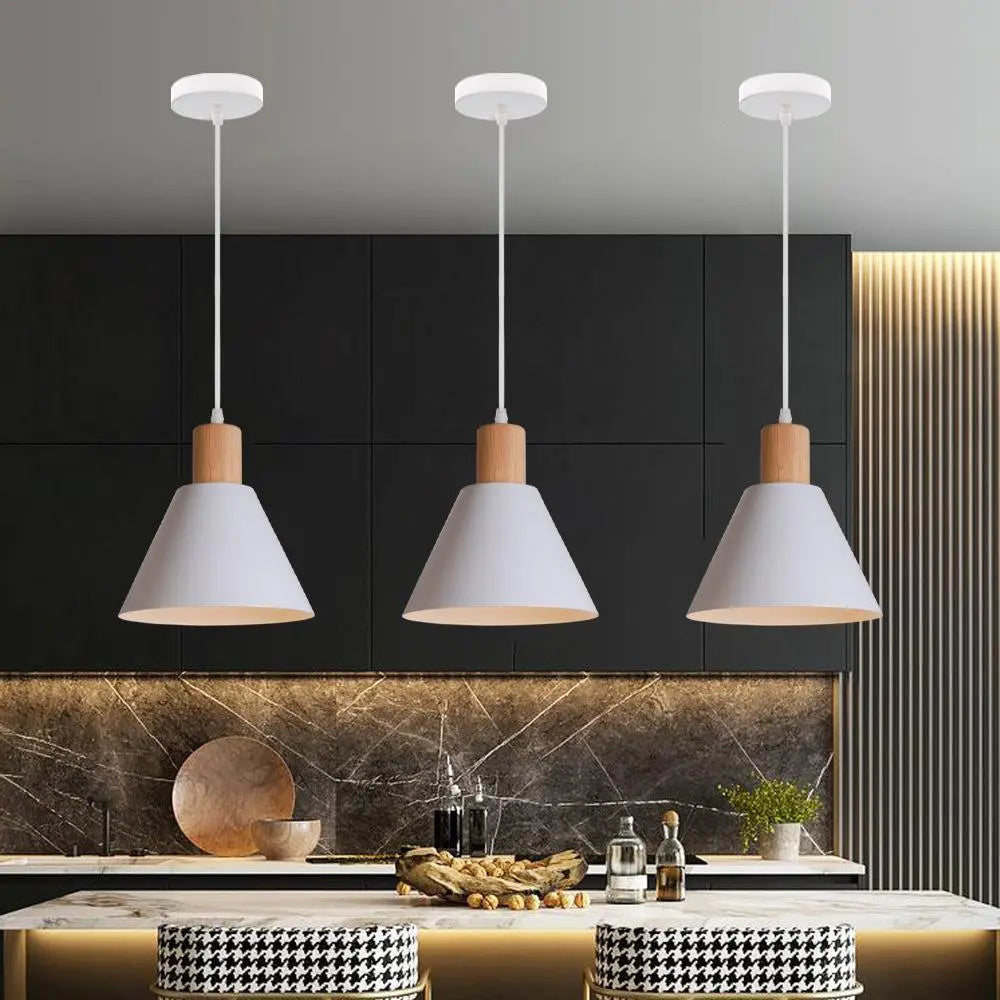 Nordic Vintage Iron Cone Wood Top 1-Light Pendant Light Cuvalon