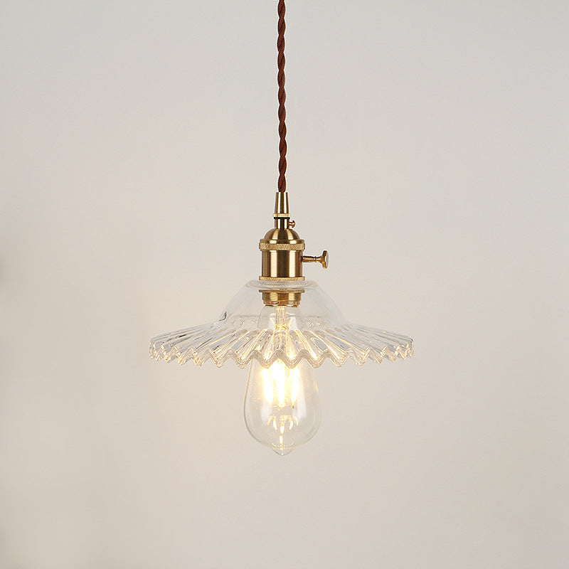 Traditional Vintage Round Ripple Brass Glass 1-Light Pendant Light For Living Room Cuvalon