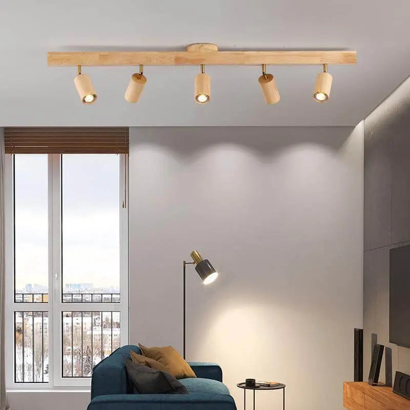 Japanese Minimalist Wooden Track Lighting LED 2/3/4/5 Light Semi-Flush Mount Ceiling Light Cuvalon