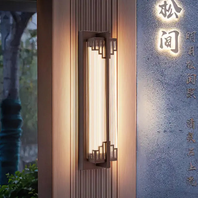 Traditional Chinese Waterproof Rectangular Stainless Steel Glass LED Wall Sconce Lamp For Outdoor Patio Cuvalon
