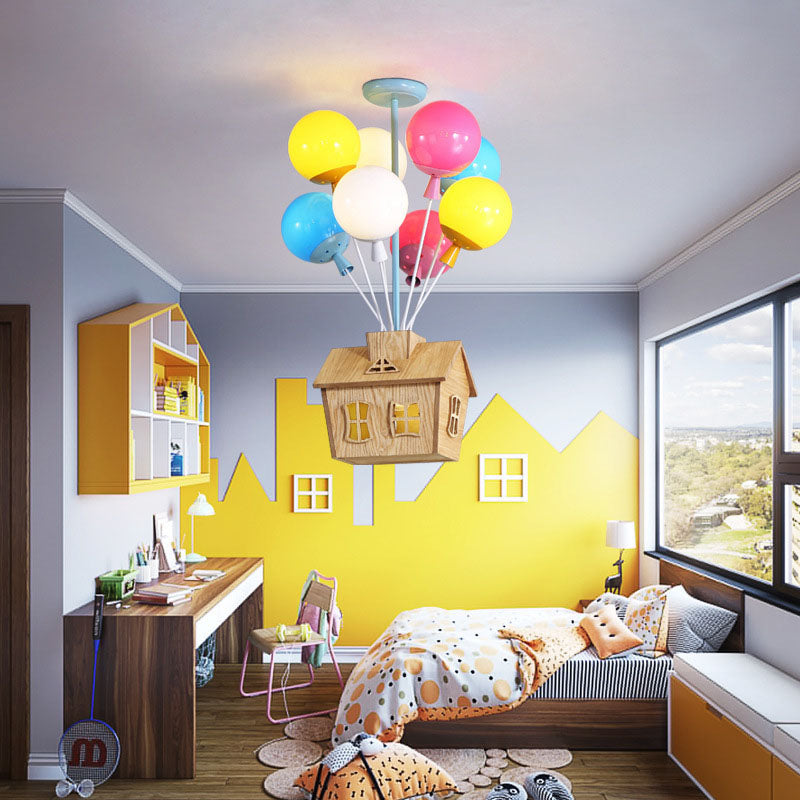 Contemporary Creative Colorful Acrylic Balloon Log Cabin 7/9-Light Kids Semi-Flush Mount Ceiling Light For Bedroom Cuvalon