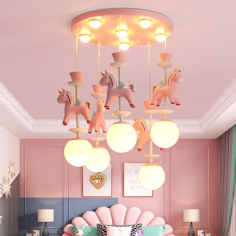 Modern Art Deco Kids Iron Resin Glass Round Base Ball Horse 1/3/5 Light Flush Mount Ceiling Light For Bedroom Cuvalon