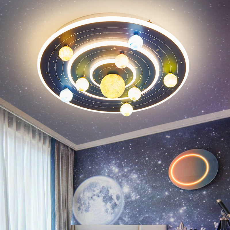 Contemporary Creative Kids Round Planet Iron Acrylic LED Flush Mount Ceiling Light For Bedroom Cuvalon