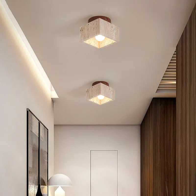 Japanese Wabi-Sabi Yellow Travertine Column Wood 1-Light Semi-Flush Mount Ceiling Light Cuvalon