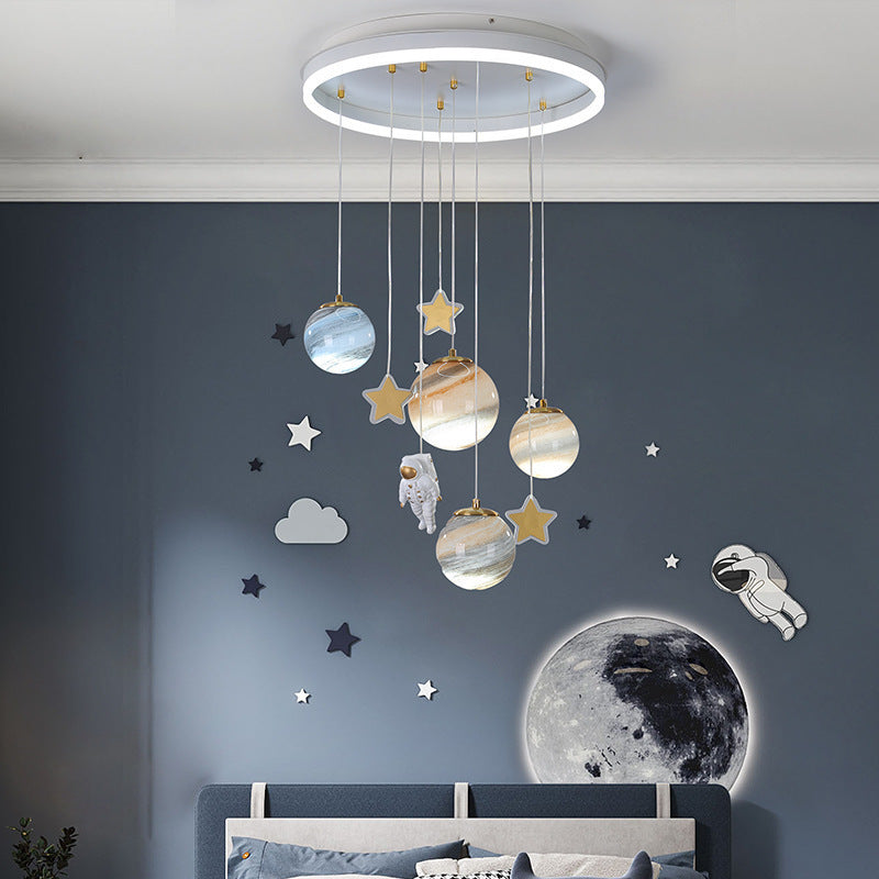 Contemporary Scandinavian Space Planet Acrylic Glass Round Shade LED Kids Flush Mount Ceiling Light For Bedroom Cuvalon