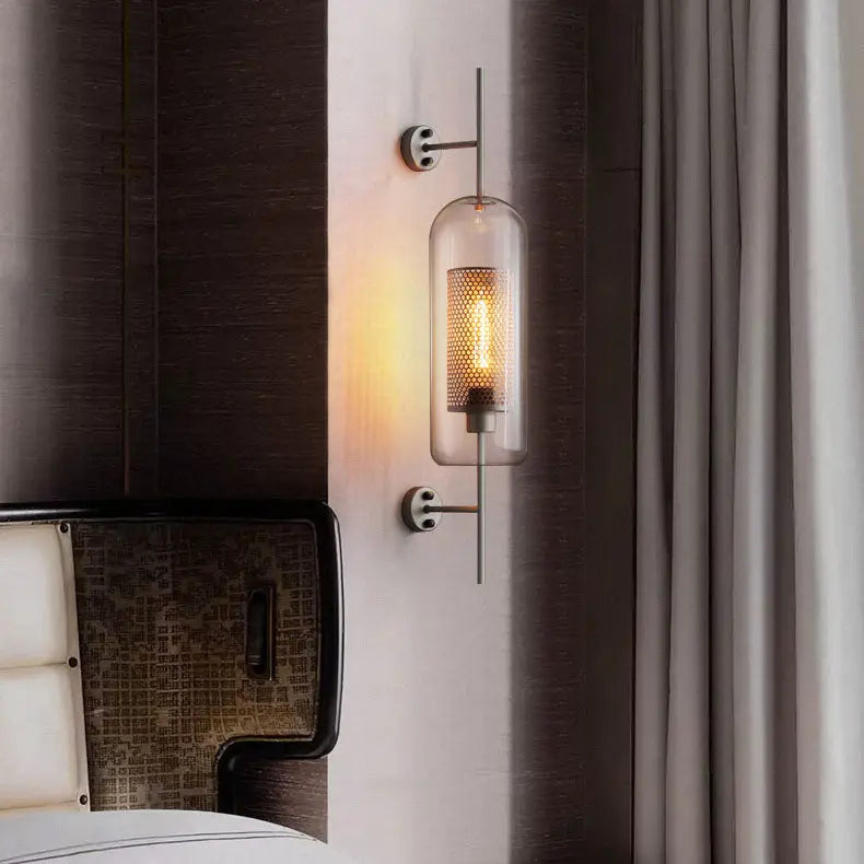 Contemporary Industrial Cylinder Glass Shade Iron Finish Frame 1-Light Wall Sconce Lamp For Bedroom Cuvalon