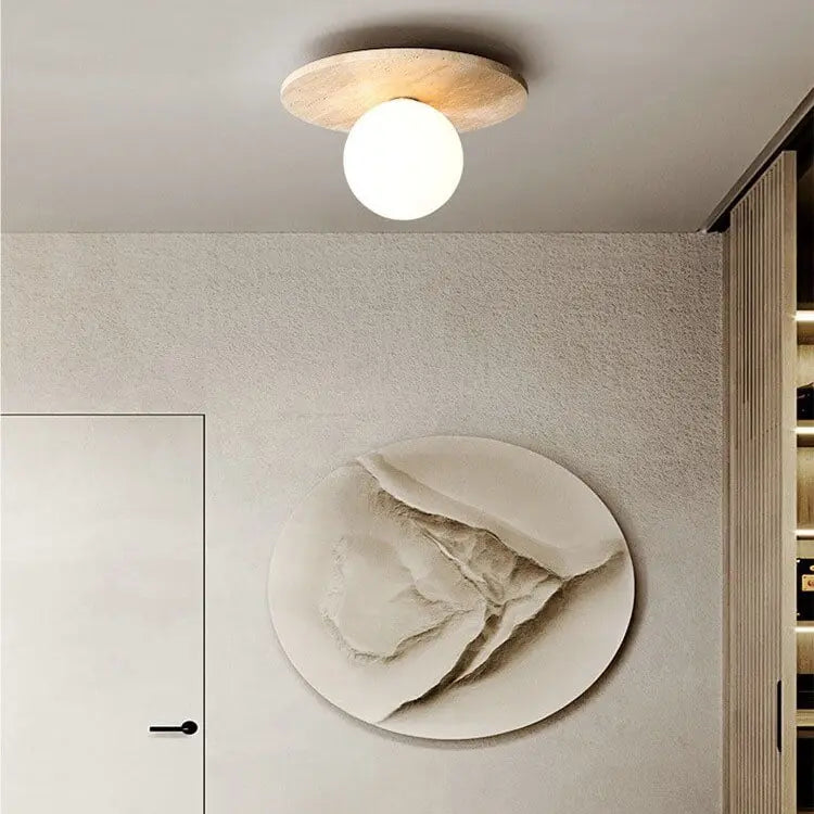Traditional Vintage Round Travertine 1-Light Flush Mount Ceiling Light For Hallway Cuvalon