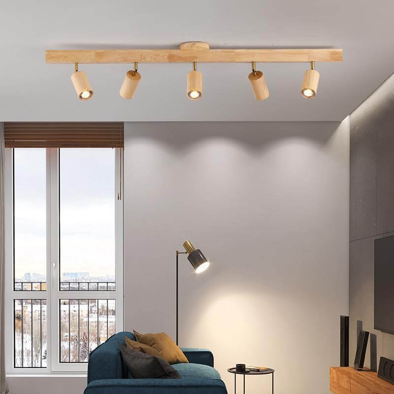 Japanese Minimalist Wooden Track Lighting LED 2/3/4/5 Light Semi-Flush Mount Ceiling Light Cuvalon