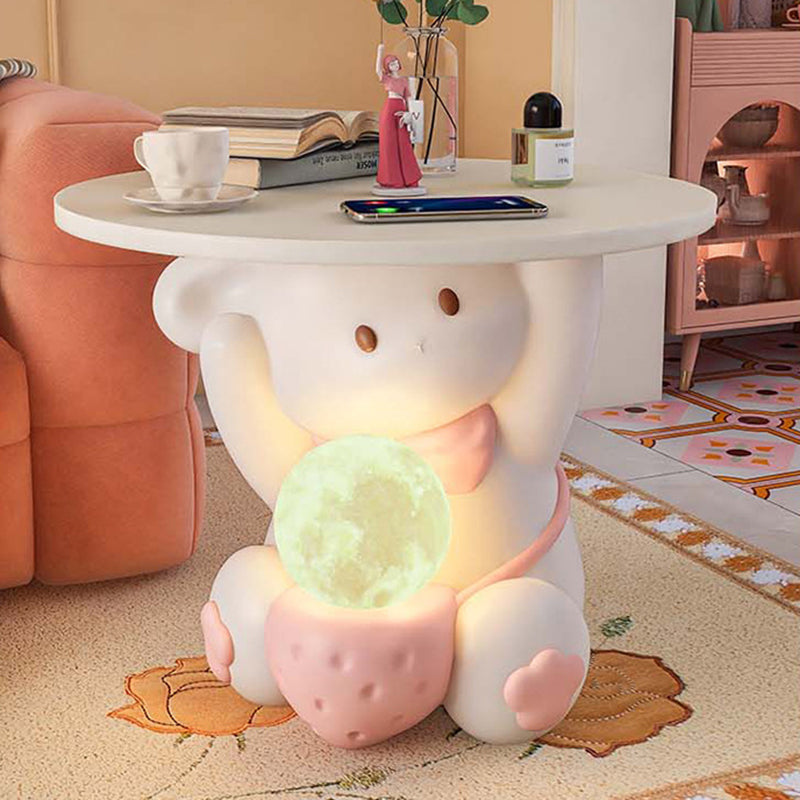 Modern Art Deco Kids Rabbit Round Plate Rectangular Drawer Resin Wood Enamel End Table 1-Drawer With LED Light For Bedroom Cuvalon
