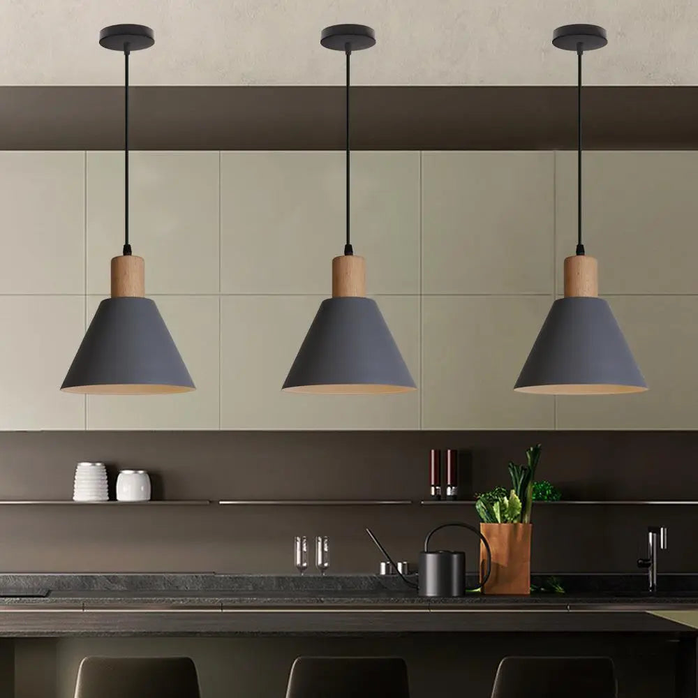 Nordic Vintage Iron Cone Wood Top 1-Light Pendant Light Cuvalon