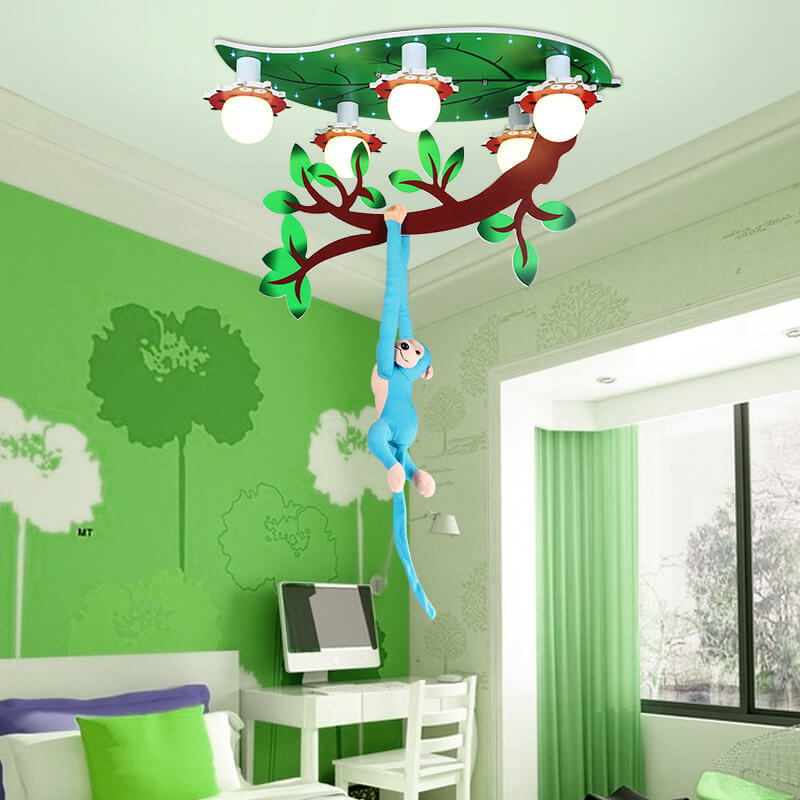 Contemporary Creative Kids Monkey Leaf Acrylic 5-Light Flush Mount Ceiling Light For Bedroom Cuvalon