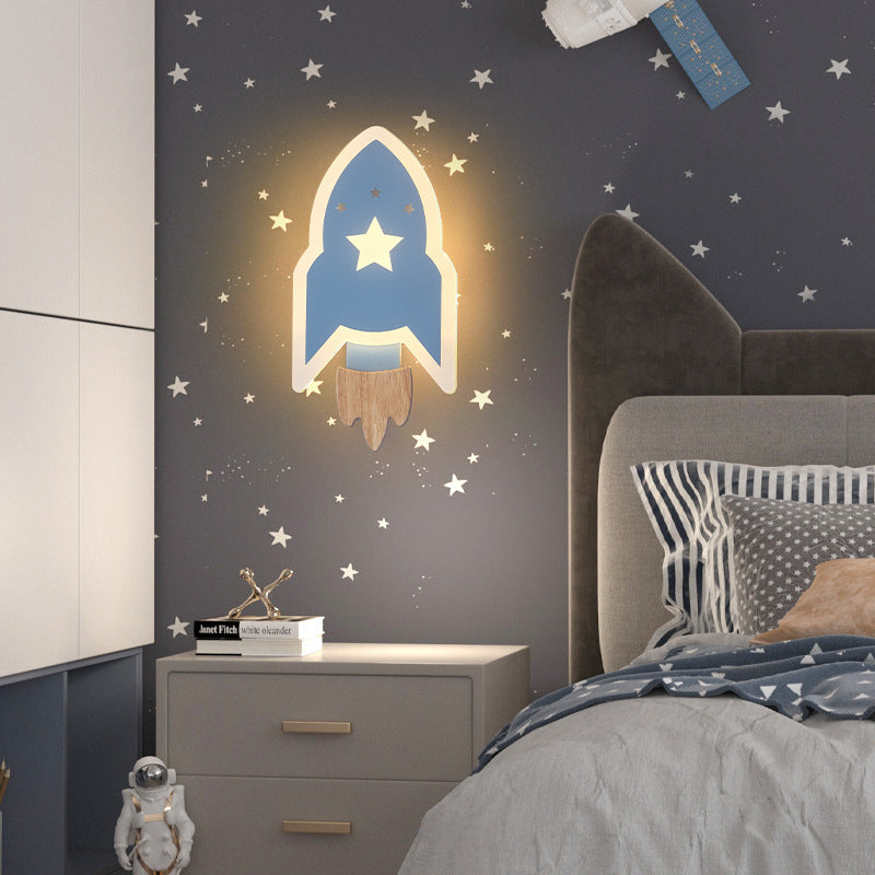 Contemporary Creative Kids Wood Acrylic Rocket LED Wall Sconce Lamp For Bedside Cuvalon
