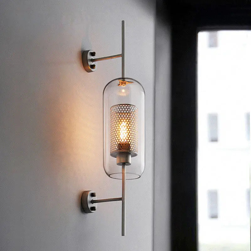Contemporary Industrial Cylinder Glass Shade Iron Finish Frame 1-Light Wall Sconce Lamp For Bedroom Cuvalon