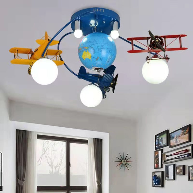 Modern Art Deco Orb Airplane Globe Glass Iron Kids 6-Light Flush Mount Ceiling Light For Bedroom Cuvalon