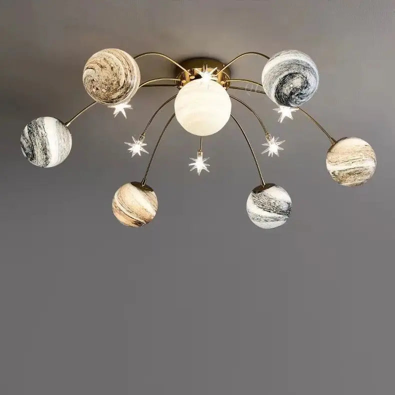 Contemporary Nordic Kids Iron Glass Ball Earth Planet 13-Light Semi-Flush Mount Ceiling Light For Bedroom Cuvalon