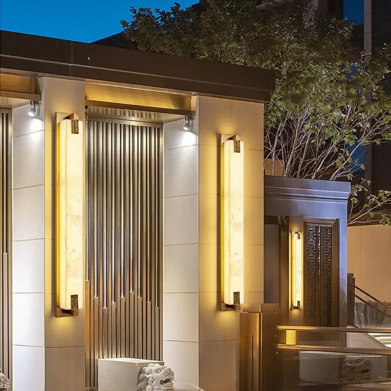 Modern Transitional Rectangular Copper Marble LED Outdoor Wall Sconce Lamp For Outdoor Patio Cuvalon