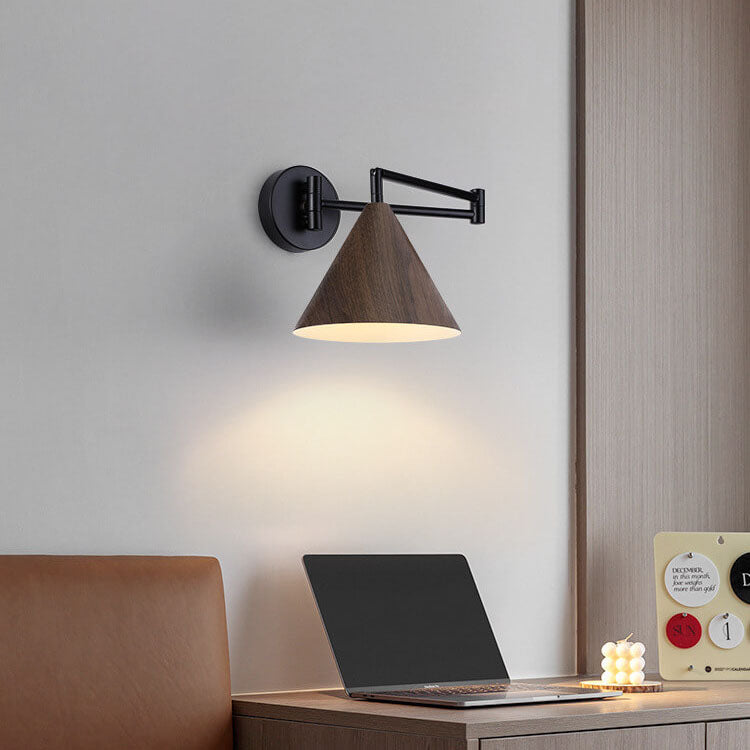 Nordic Minimalist Cone Swing Arm Wood Grain Iron 1-Light Wall Sconce Lamp Cuvalon