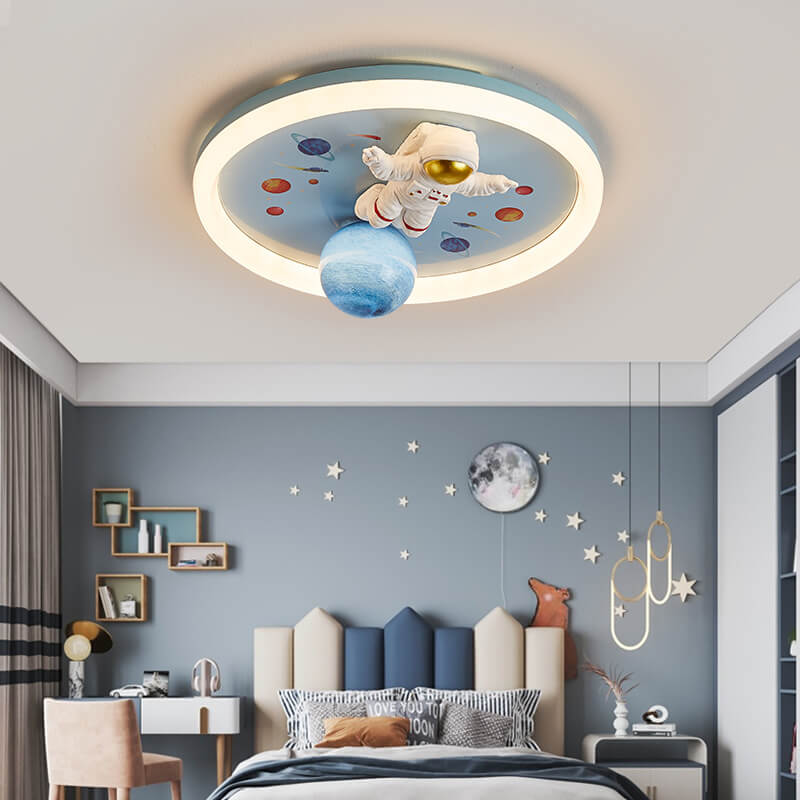 Childlike Cartoon Resin Astronaut Round Acrylic LED Flush Mount Ceiling Light Cuvalon
