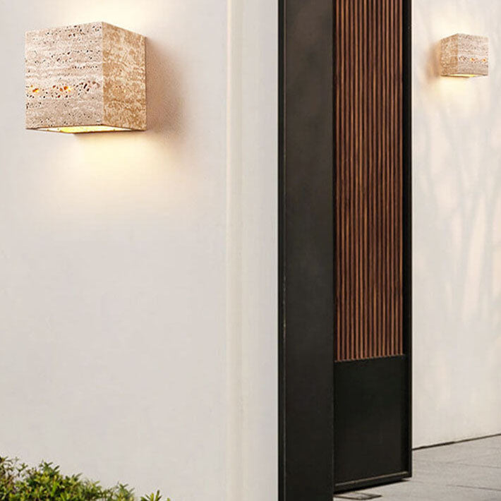 Modern Minimalist Square Rectangle Yellow Travertine LED Wall Sconce Lamp For Outdoor Patio Cuvalon