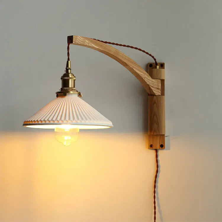 Nordic Milk White Striped Glass Walnut Retractable 1-Light Wall Sconce Lamp Cuvalon