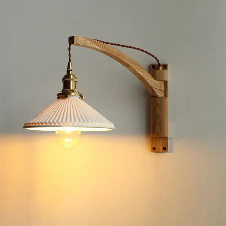 Nordic Milk White Striped Glass Walnut Retractable 1-Light Wall Sconce Lamp Cuvalon