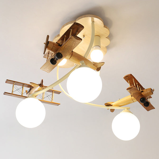 Contemporary Nordic Kids Iron Rubber Wood Glass Plane Cloud Ball 6-Light Flush Mount Ceiling Light For Bedroom Cuvalon