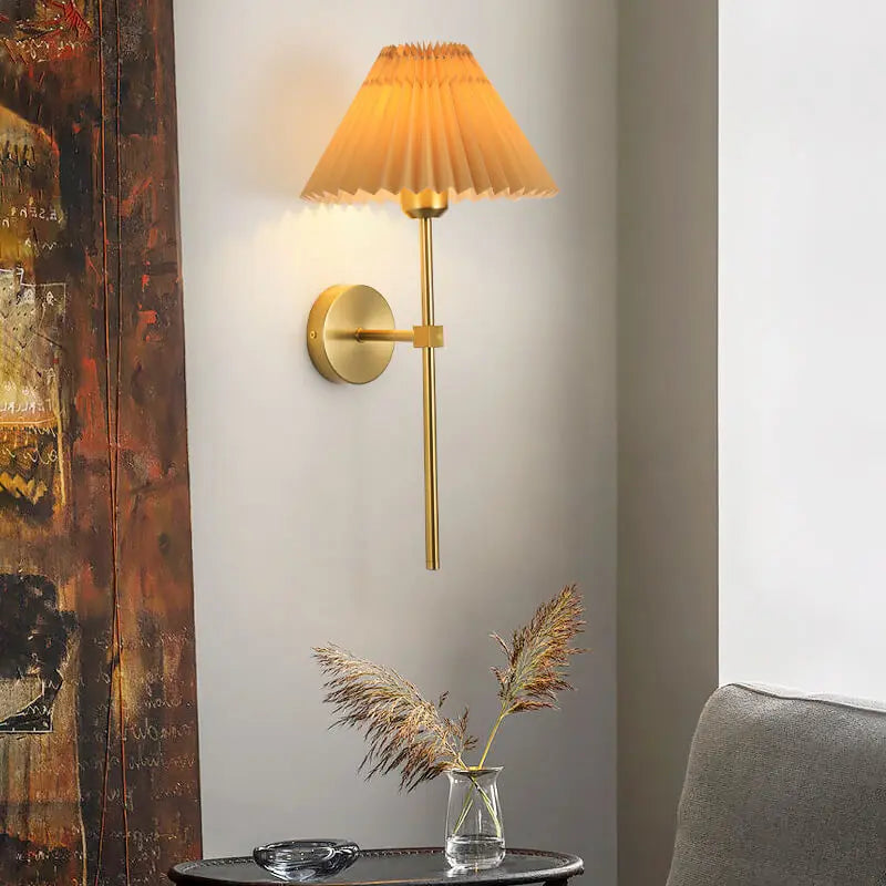 Vintage Pleated Fabric Shade Straight Arm 1-Light Wall Sconce Lamp Cuvalon