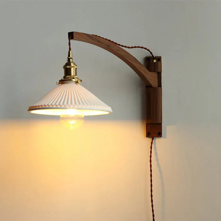 Nordic Milk White Striped Glass Walnut Retractable 1-Light Wall Sconce Lamp Cuvalon