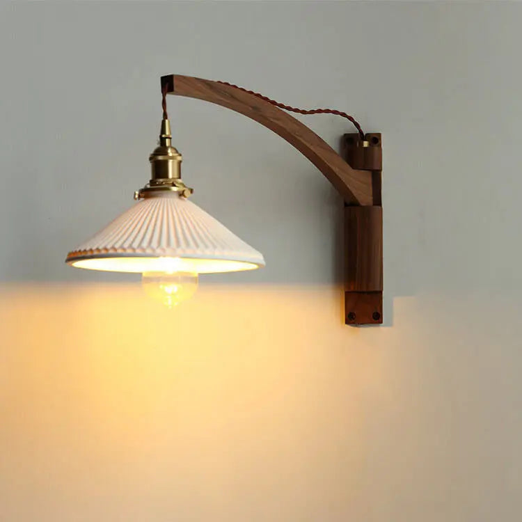 Nordic Milk White Striped Glass Walnut Retractable 1-Light Wall Sconce Lamp Cuvalon
