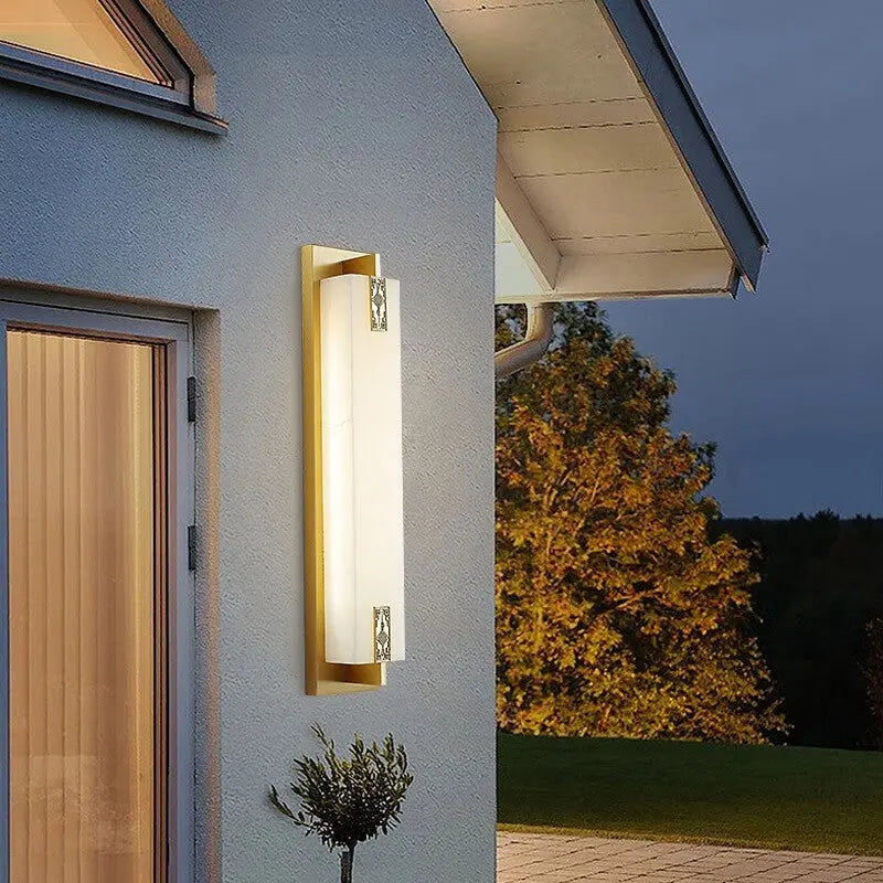 Modern Transitional Rectangular Copper Marble LED Outdoor Wall Sconce Lamp For Outdoor Patio Cuvalon