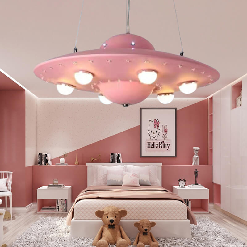 Contemporary Creative Kids Spaceship Iron Glass LED Chandelier For Bedroom Cuvalon