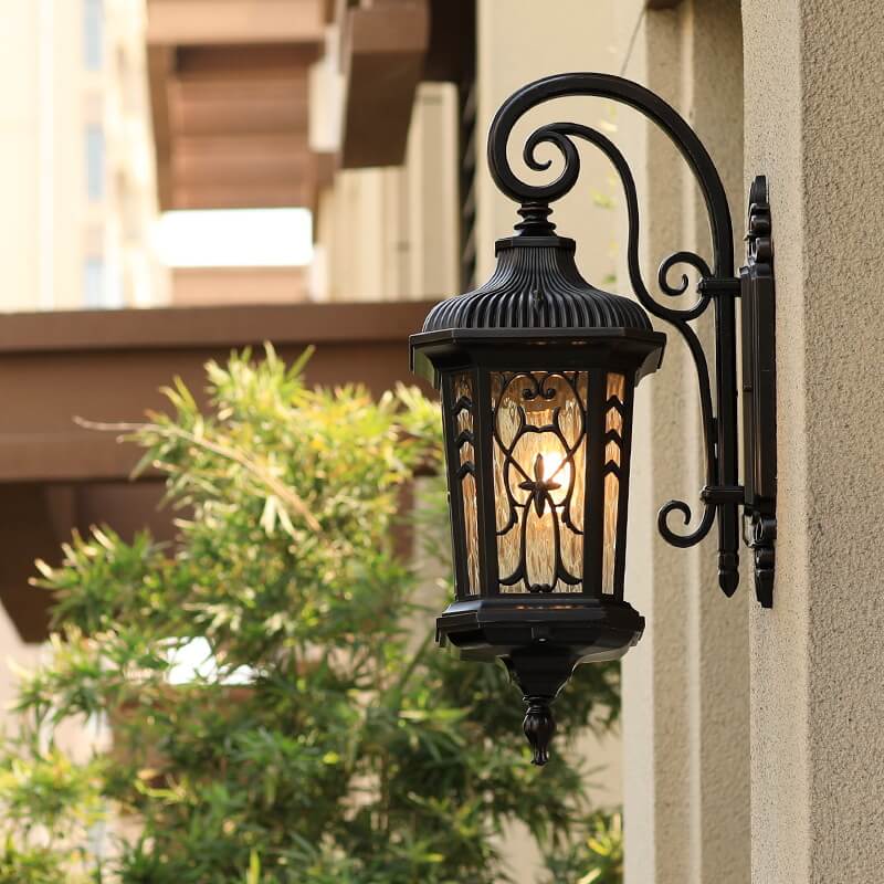 European Outdoor Carved Cage Aluminum Glass 1-Light Wall Sconce Lamp Cuvalon