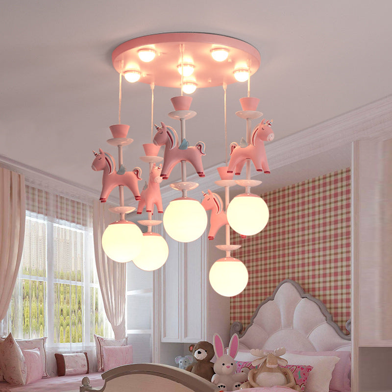Modern Art Deco Kids Iron Resin Glass Round Base Ball Horse 1/3/5 Light Flush Mount Ceiling Light For Bedroom Cuvalon