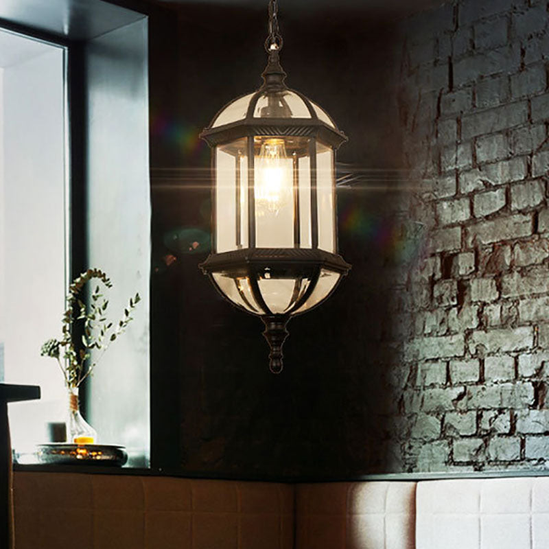 Contemporary Retro Hexagonal Lantern Glass Aluminum 1-Light Waterproof Pendant Light For Outdoor Patio Cuvalon