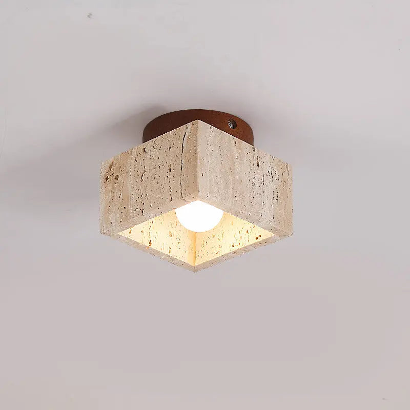 Japanese Wabi-Sabi Yellow Travertine Column Wood 1-Light Semi-Flush Mount Ceiling Light Cuvalon