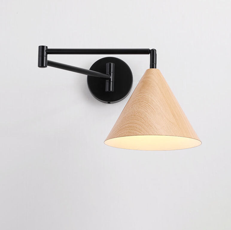 Nordic Minimalist Cone Swing Arm Wood Grain Iron 1-Light Wall Sconce Lamp Cuvalon