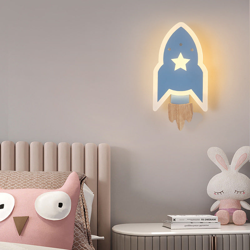 Contemporary Creative Kids Wood Acrylic Rocket LED Wall Sconce Lamp For Bedside Cuvalon