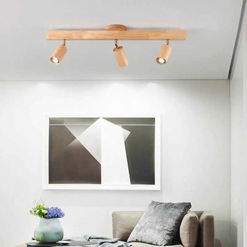 Japanese Minimalist Wooden Track Lighting LED 2/3/4/5 Light Semi-Flush Mount Ceiling Light Cuvalon