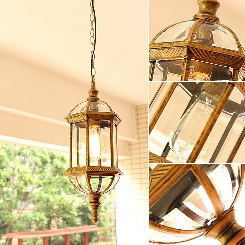 Contemporary Retro Hexagonal Lantern Glass Aluminum 1-Light Waterproof Pendant Light For Outdoor Patio Cuvalon