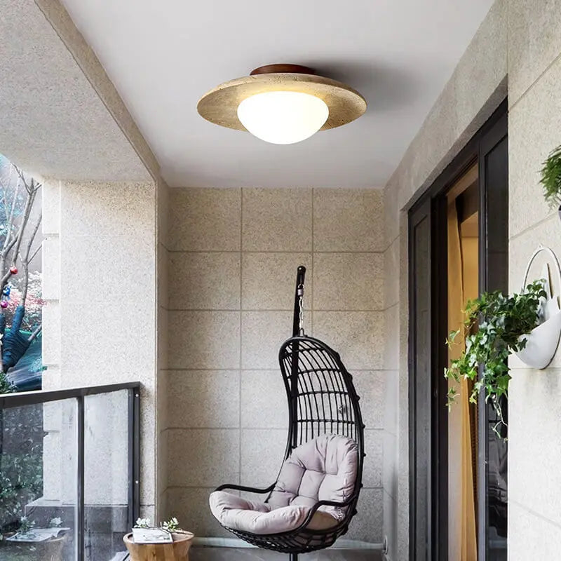 Traditional Vintage Round Travertine 1-Light Flush Mount Ceiling Light For Hallway Cuvalon