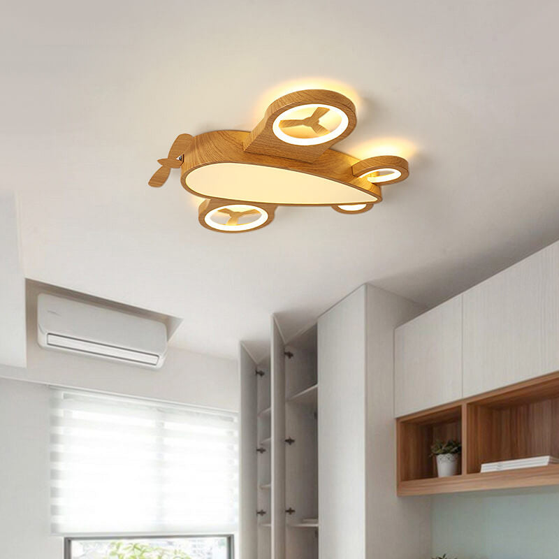 Cartoon Creative Wood Grain Aircraft LED Kids Flush Mount Ceiling Light Cuvalon